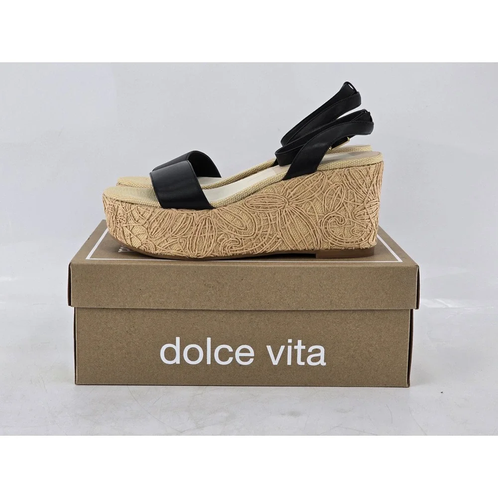 Dolce Vita Talisa Wedge Sandals Womens 9 Black Leather Espadrille - NEW